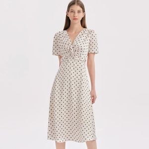 Beige Combo Print V-Neck Twisted Dress, Size S